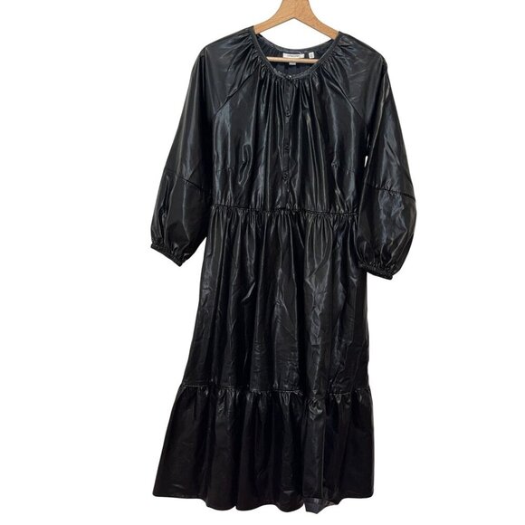 Chico's Black Faux Leather 3/4 Sleeve Pleather Tiered Midi Dress Women's Size 4 - Picture 2 of 9